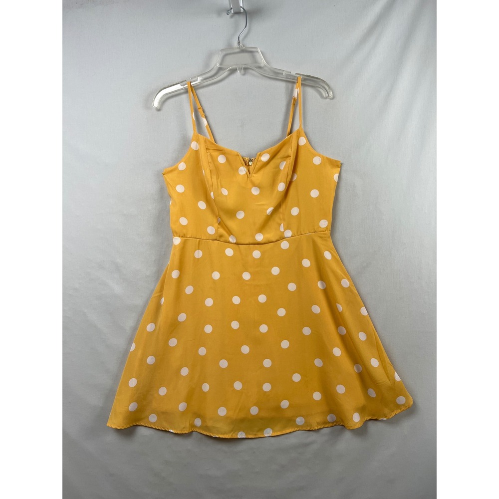 Trixxi Polka Dot Dress Womens Large Yellow Fit & Flare Adjustable Straps Mini